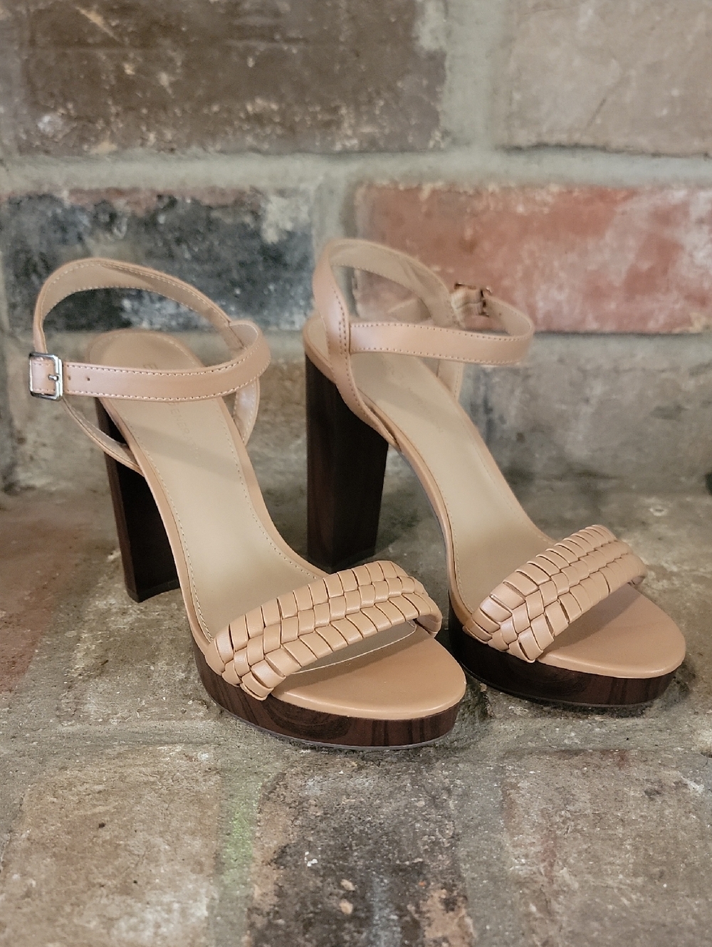 BCBGeneration Nude Woven Strap Block Heel Sandals